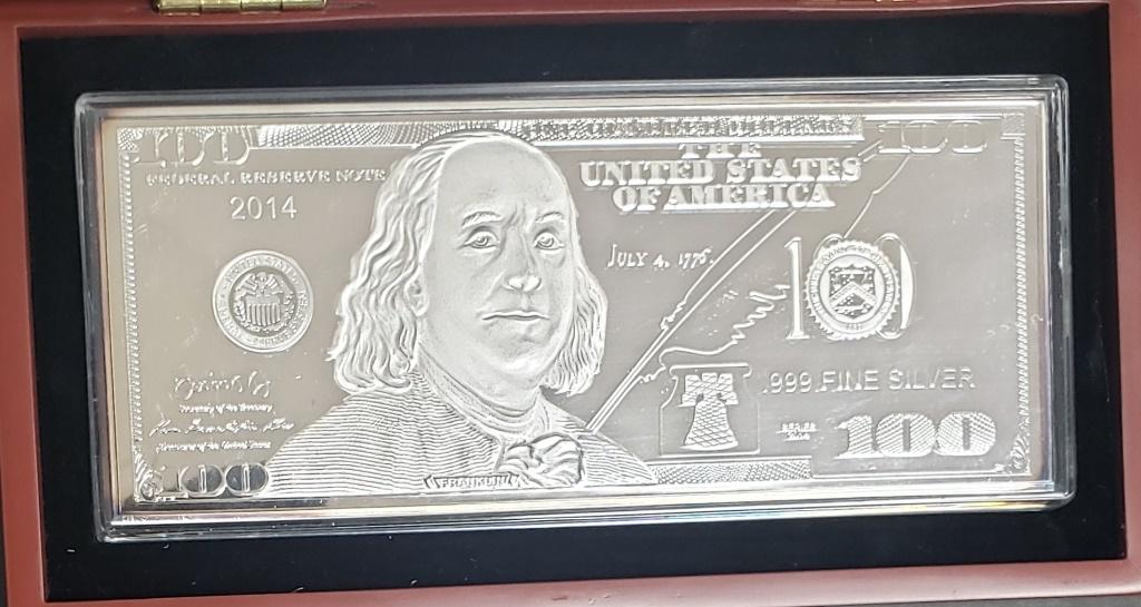 2014 $100 SILVER .999 1oz CURRENCY BAR: by WASHINGTON MINT #2872 of 9999 in WOOD DISPLAY