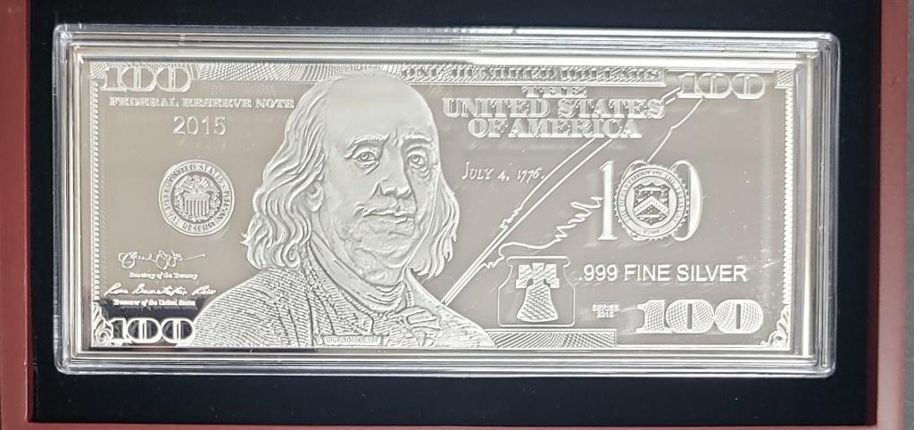 2015 $100 SILVER .999 1oz CURRENCY BAR: by WASHINGTON MINT #1211 of 9999 in WOOD DISPLAY