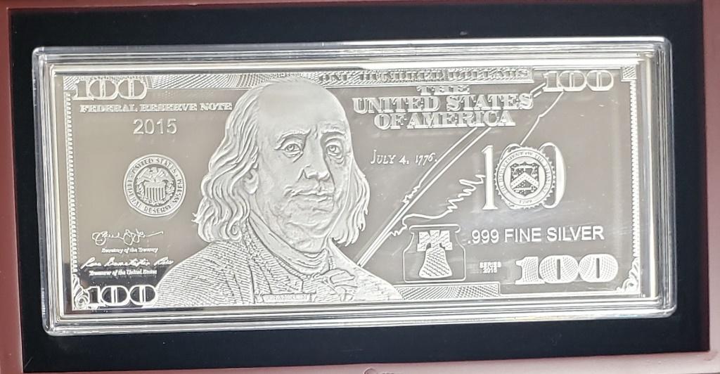2015 $100 SILVER .999 1oz CURRENCY BAR: by WASHINGTON MINT #1213 of 9999 in WOOD DISPLAY