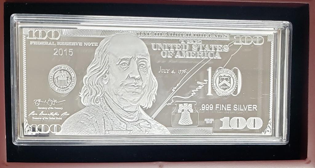 2015 $100 SILVER .999 1oz CURRENCY BAR: by WASHINGTON MINT #1212 of 9999 in WOOD DISPLAY