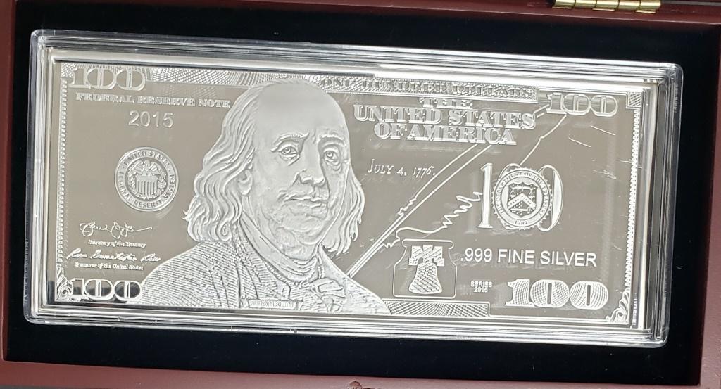 2015 $100 SILVER .999 1oz CURRENCY BAR: by WASHINGTON MINT #1214 of 9999 in WOOD DISPLAY