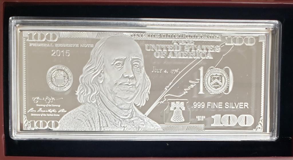 2015 $100 SILVER .999 1oz CURRENCY BAR: by WASHINGTON MINT #1215 of 9999 in WOOD DISPLAY