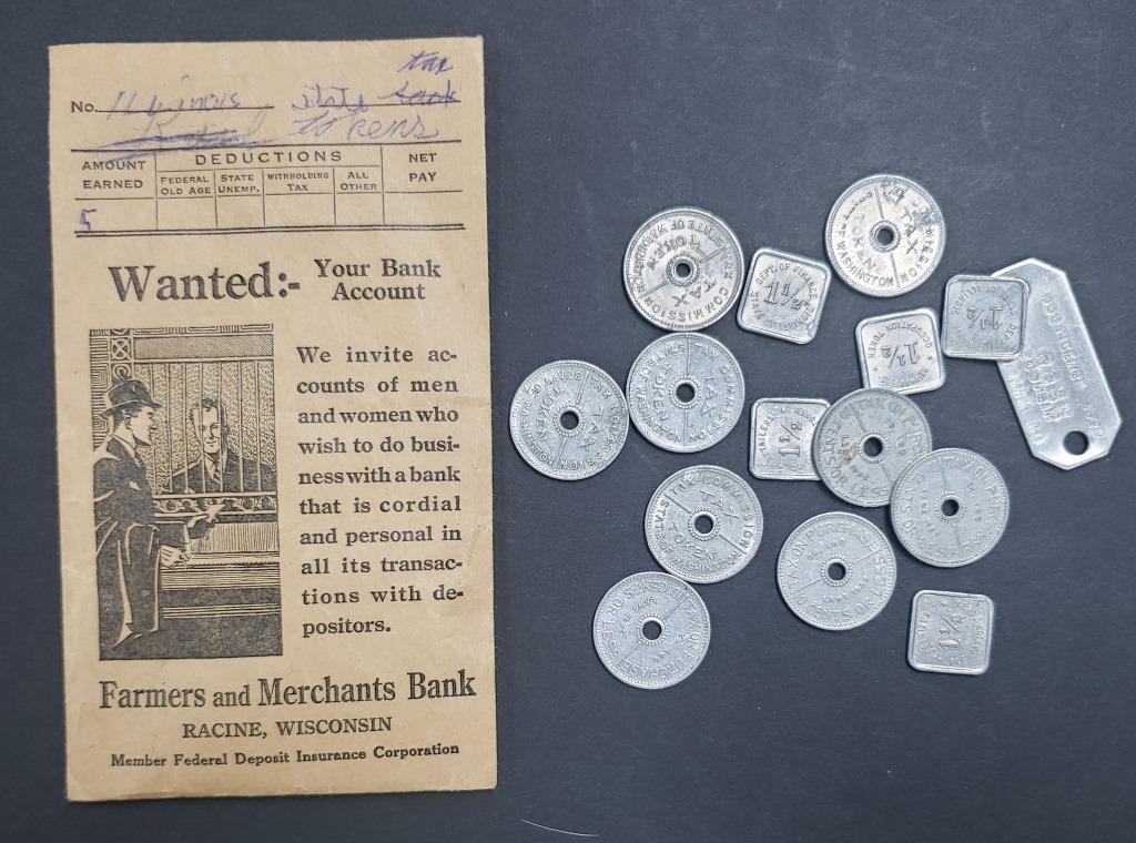STATE TOKEN LOT - VTG TAX TOKENS: Vintage State of Illinois Tax Retailer's Occupation Tokens; RACINE WI 1969 DOG TAG; 9-STATE of WASHINGTON TAX TOKENS