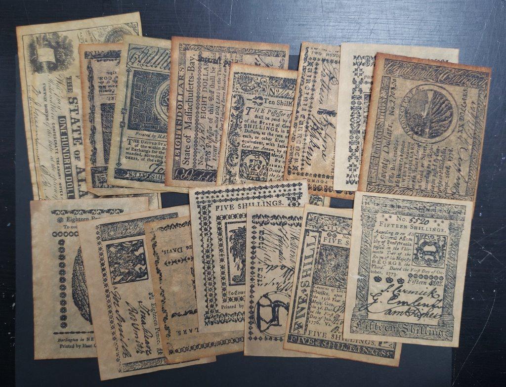"COPY" COLONIAL PAPER MONEY: 15 piece HISTORY LOT - REPLICA LOT