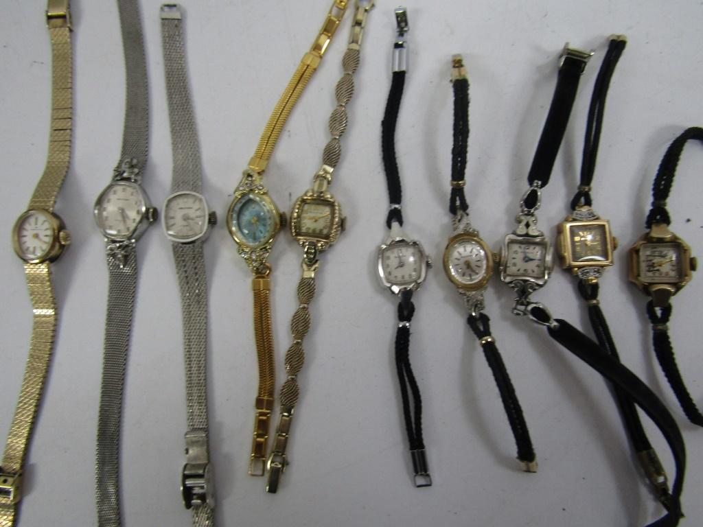10 Ladies Winding Mechanical Watches: 7 Bulova -2 Waltham - 1 Hamilton -Not tested as to working or not - some for parts or repair - some may work