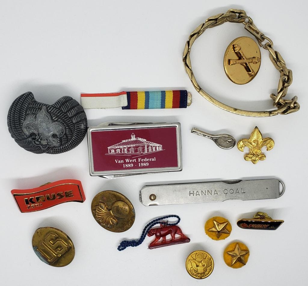 GRANDPA's JEWELRY BOX LOT: MILITARY PINS: BOY SCOUT TIE SLIDE & PIN; HANNA COAL VTG KNIFE/FILE; VAN WERT FED BANK KNIFE MONEY CLIP; NAVY SERVICE PIN; ID BRACELET; PLASTIC PANTHER CHARM & MORE