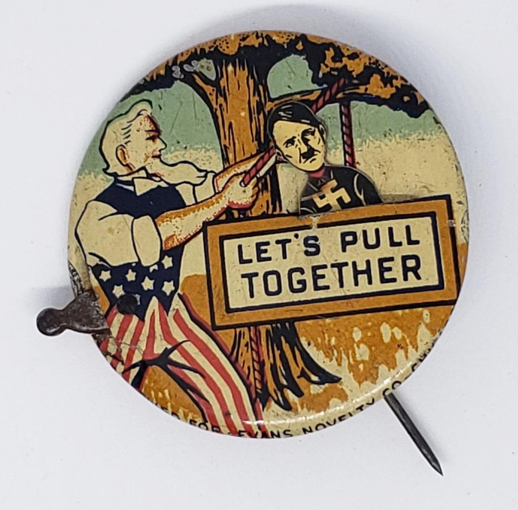 WWII "LET'S PULL TOGETHER" UNCLE SAM: HANGING HITLER PIN - WORKS