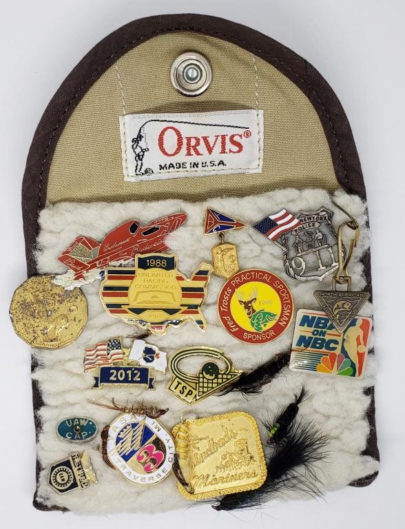 PIN LOT: NEW YORK POLICE 911, UAW,: RACE PINS & MORE - ALSO HAS (6) FISH HOOKS w/FUZZY LURE DESIGN