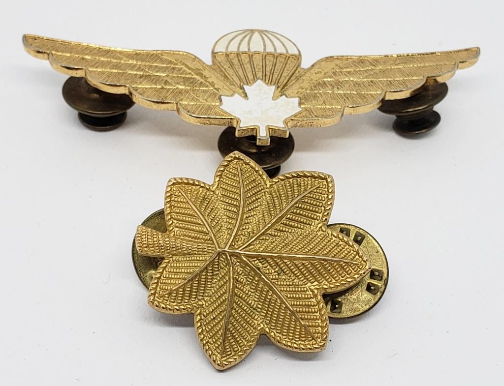 CANADIAN AIR FORCE CANADA JUMP WINGS: WHITE MAPLE LEAF LAPEL PIN BADGE 2.5 INCHES plus GOLD FILLED US MILITARY N S MEYER INC OAK LEAF RANK PIN - N.S. MEYER INC NEW YORK