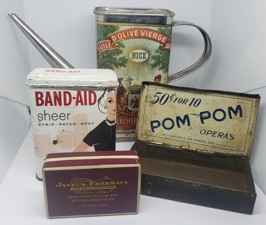 3-ANTIQUE TINS & 1-VTG PHARMACY PILL BOX: Jankus Pharmacy Pill Box; Pom Pom Operas Tin; Band-Aid Tin; Huile D’Olive Vierge Clarifiee Olive Oil Tin With Spout NO LID