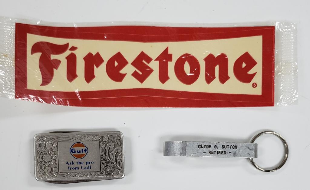 Gulf Gas Imperial Folding Knife Money Clip: FIRESTONE STICKER & "RETIREMENT" BOTTLE OPENER
