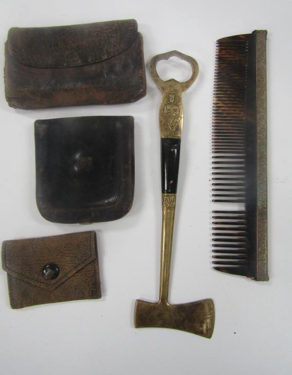 Vintage Brass & Onyx Bottle Opener: and Axe Letter Opener - Thailand plus ANTIQUE COMB & (3) LEATHER COIN PURSES / WALLETS