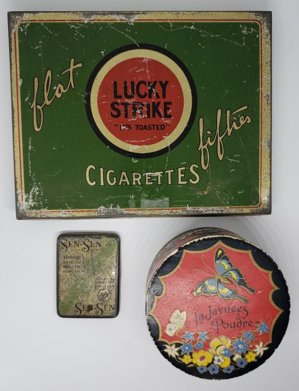 Lucky Strike Flat Fifties Tin: Cigarette Box, WWII 1930s, SEN-SEN THROAT MINTS TIN, LA JAYNEES POUDRE VTG CONTAINER
