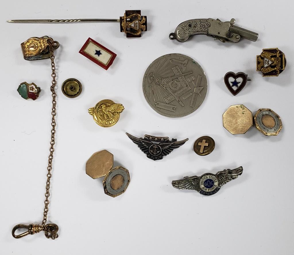GRANDPA's JEWELRY BOX LOT: STERLING NAVY AIR CREW WINGS, U.S. AIRFORCE WINGS, GIDEON's MASON COIN, MINATURE GUN, GOLD FILLED ANTIQUE CUFF LINKS, (4) VTG PINS, POCKET WATCH CHAIN, STICK PIN