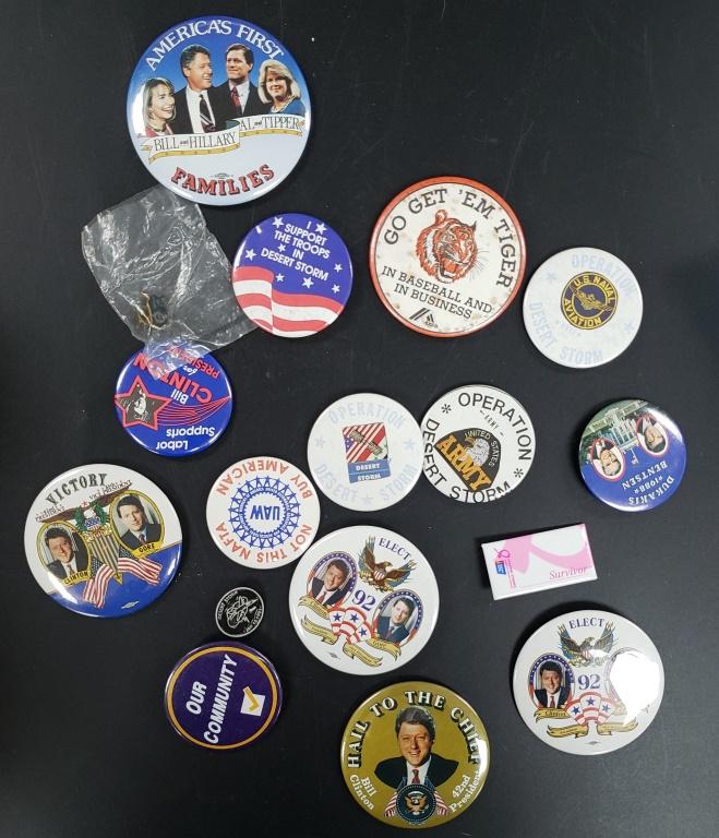 (17) POLITICAL & DESERT STORM BUTTONS: LARGE PIN LOT - (5) OPERATION DESERT STORM, (2) UAW, (6) CLINTON & MORE