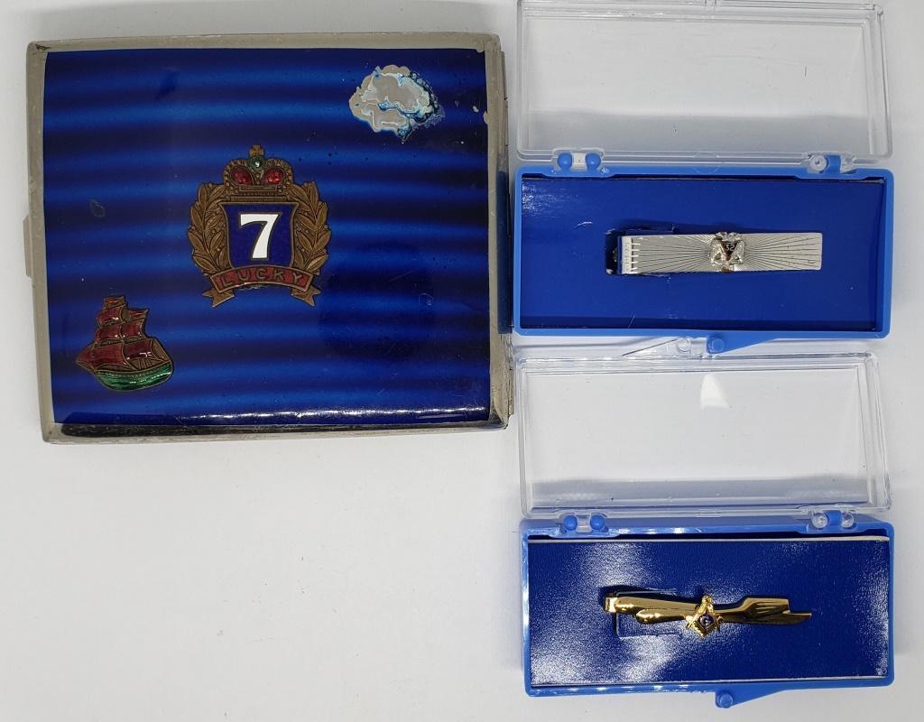 Masonic Double Head Eagle 32nd Degree: plus Gideon Masonic TIE CLIPS - NEW in BOXES & LUCKY 7 CIGARETTE CASE (missing one emblem)