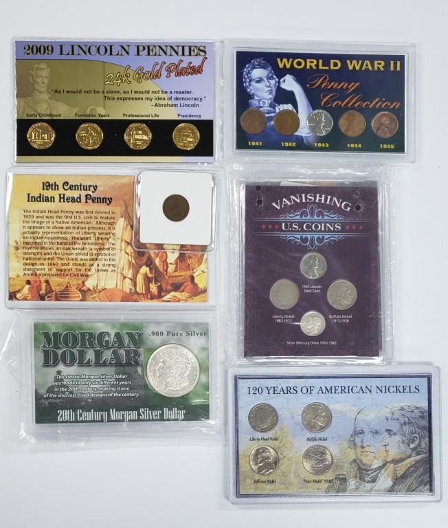 (7) U.S. COIN LOTS: 20th CenturyMorganDollar: 120yr of AMERICAN NICKELS, SPIRIT OF THE AMERICAN WEST, VANISHING U.S. COINS, 19th CENTURY INDIAN CENT,WWII PENNY COLLECTION, 24k GOLD PLATED 2009 CENT SET