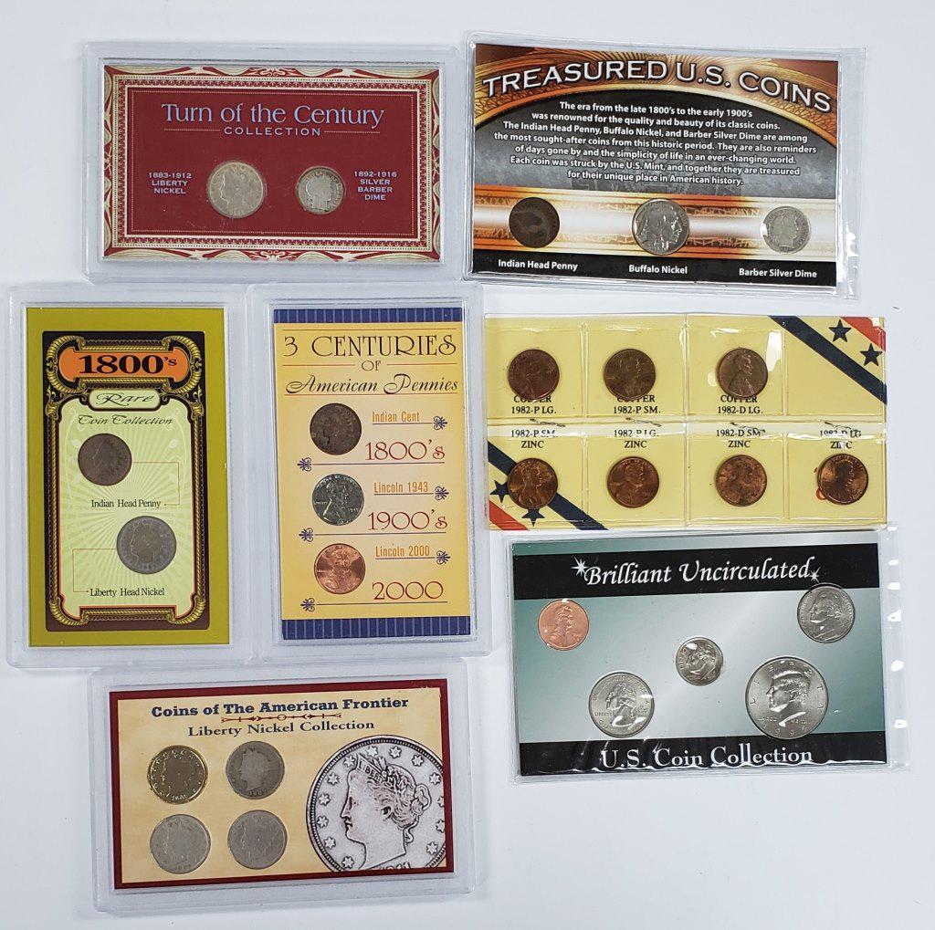 (7) U.S. COIN LOTS: THREE CENTURIES PENNIES: AMERICAN FRONTIER NICKEL COLLECTION, UNC COIN SET, 1982 PENNY COLLECTION, 1800's RARE 2 COIN SET, TREASURED U.S. COINS, TURN of the CENTURY 2 COIN SET