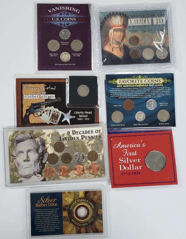 TRIBUTE COIN LOT: 9 DECADES LINCOLN CENTS: REPLICA AMERICA'S FIRST SILVER DOLLAR, AMERICAN FRONTIER NICKEL, AMERICAN WEST COLLECTION, FAV COINS NOT MINTED FOR 60 YEARS, VANISHING U.S. COINS, SILVRE BARBER DIME