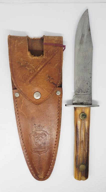 Vintage Fred Mac Overland "Fisherman's Friend" Kni: Comes with leather sheath! Unsure if knife is original to the sheath. Good for hunting/fishing! Sheath is marked Fred Mav Overland "Fishermans Friend".