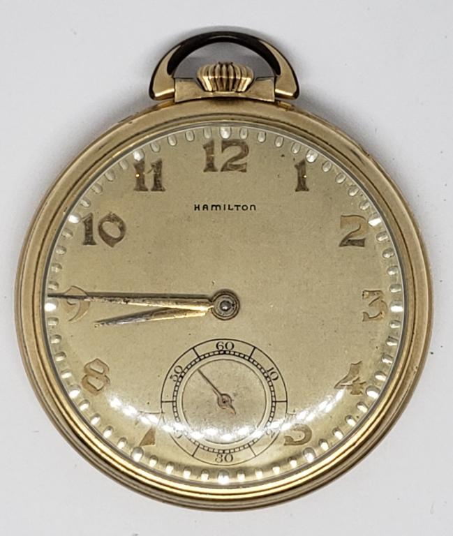 Vintage Hamilton Pocket Watch - 17 Jewels - Runs: Size 10. 14k Gold Filled. A few dings on the back cover.