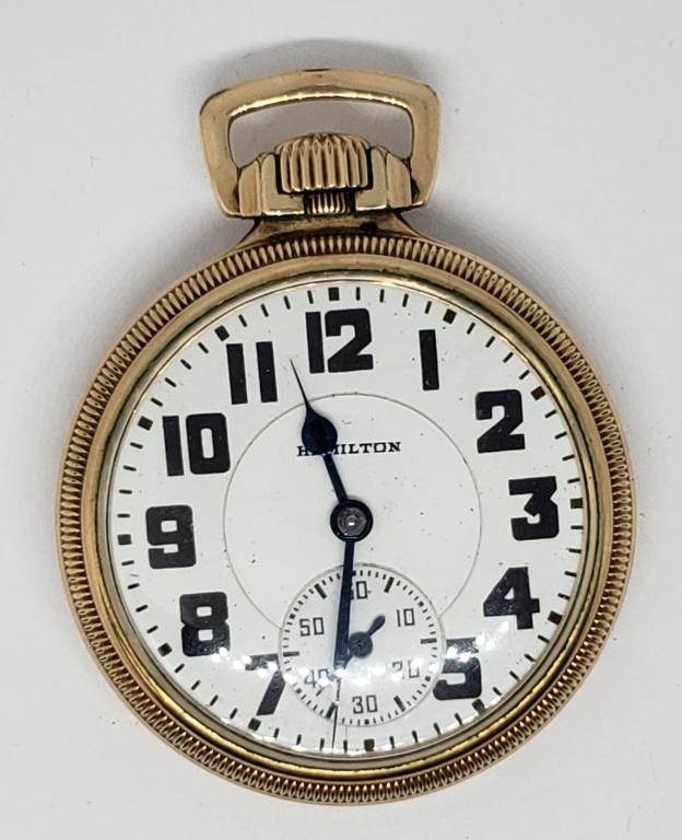 HAMILTON OPEN FACE RAILROAD POCKET WATCH: 16 SIZE, 21 JEWELS, SERIAL #2610012, GRADE 992 ELINVAR, YELLOW GOLD FILLED CASE - WORKING COINDITION / RUNNING
