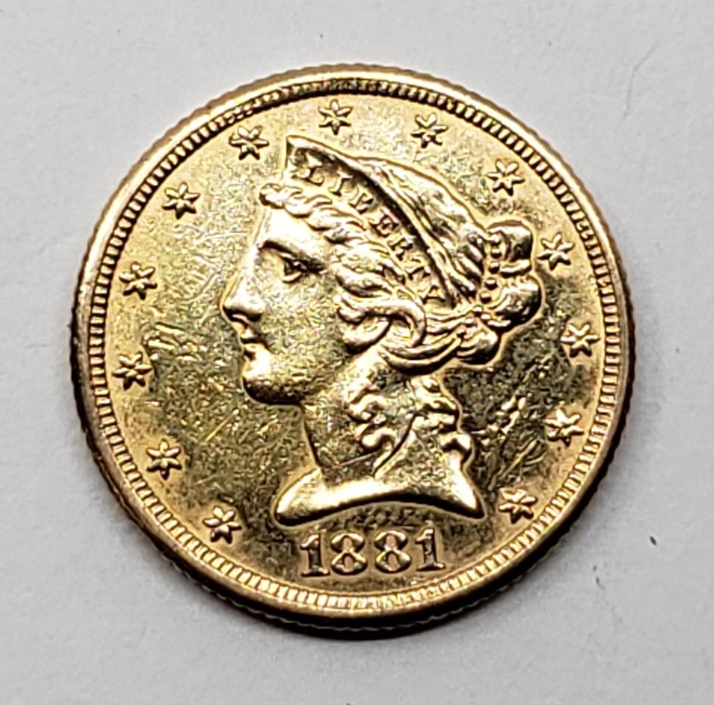 1881 $5 LIBERTY GOLD COIN: FIVE DOLLAR HALF EAGLE