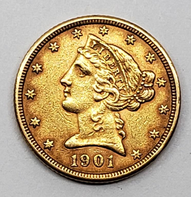 1901 $5 LIBERTY GOLD COIN: FIVE DOLLAR HALF EAGLE