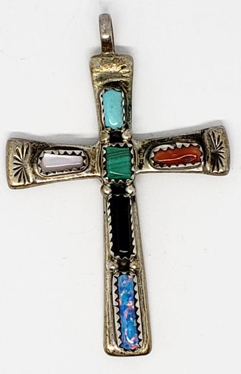 C IULE NAVAJO STERLING CROSS PENDANT WITH MULTI: COLORED STONES-MOTHER OF PEARL, MALACHITE, TURQUOISE, RED CORAL-MEASURES APPOX 2 INCHES LONG-TOTAL 7 DWT