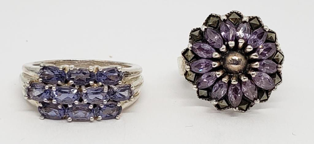 2-VTG STERLING RINGS WITH LAVENDER COLORED: STONE ACCENTS: (1)RING IS FLORAL DESIGN WITH MARCASITE BORDER-RINGS SIZE 7 & 8.5-TOTAL 8.8 DWT