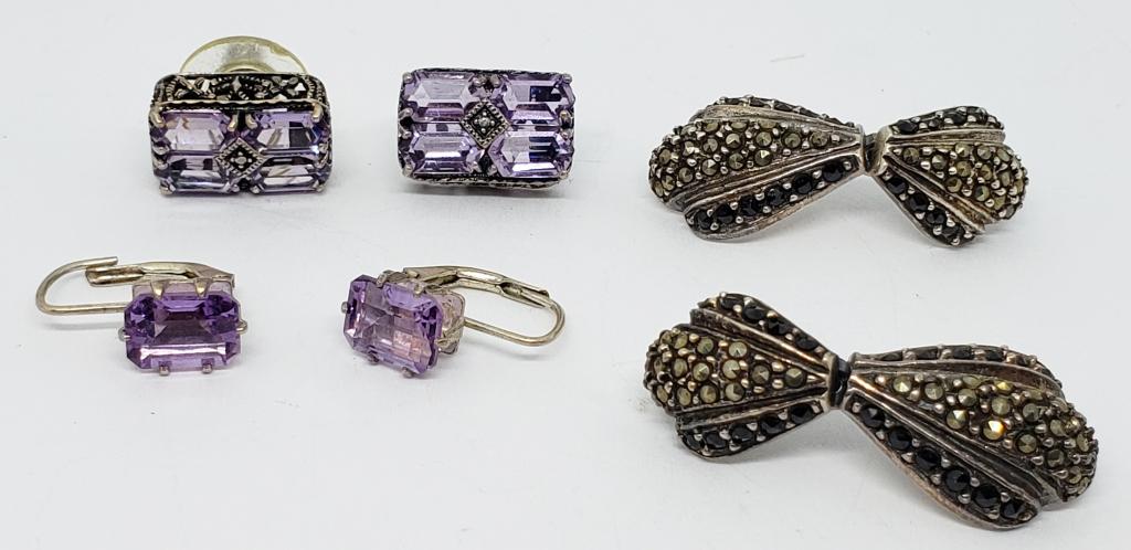 3-PAIRS OF PIERCED MARCASITE EARRINGS (1)BLACK: STONE ACCENTS & (1)WITH LAVENDER STONE ACCENTS-TOTAL 9 DWT