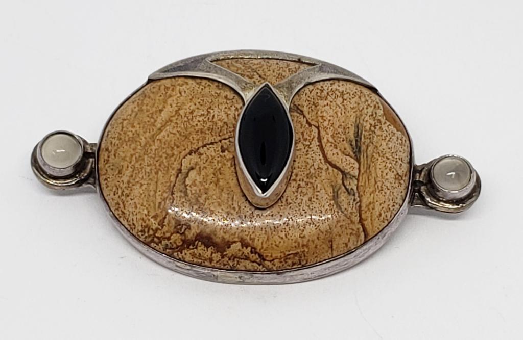 VTG STERLING PENDANT WITH LARGE LIGHT BROWN: POLISHED NATURAL STONE-ONE OF A KIND PIECE!! TOTAL 16.4 DWT