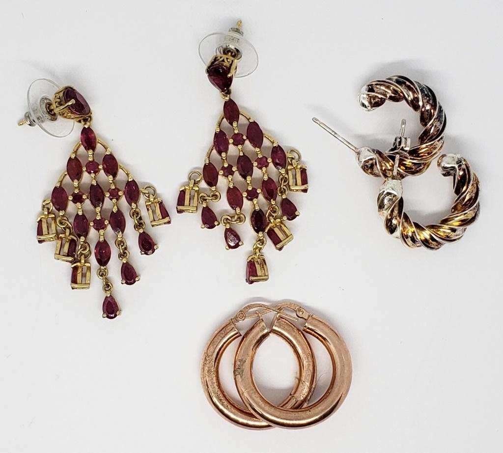 "STS" STERLING RUBY DANGLE EARRINGS: GOLD TONED & (2) STERLING HOOP EARRINGS COPPER COLORED ( 14 DWT)