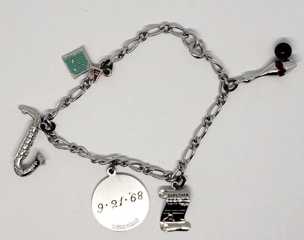 STERLING CHARM BRACELET w/5 CHARMS: 1-NOT MARKED (10.9 DWT)