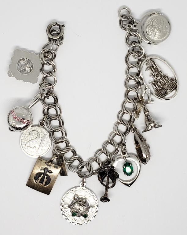 STERLING CHARM BRACELET w/ 12 CHARMS: 3-NOT MARKED, (1) DISNEY CASTLE ( 22 DWT)