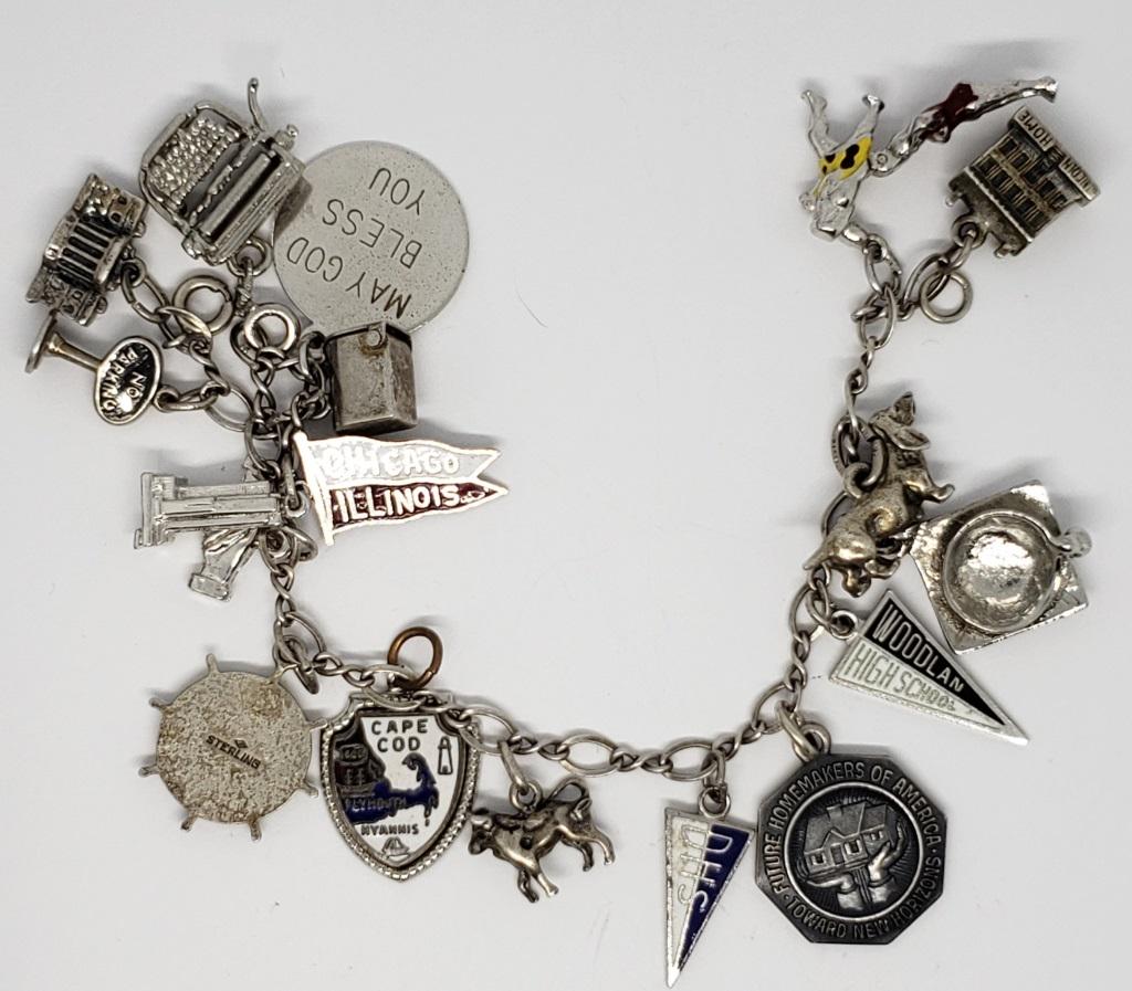 STERLING CHARM BRACELET w/18 CHARMS: 3 CHARMS NOT MARKED ( 27.7 DWT)