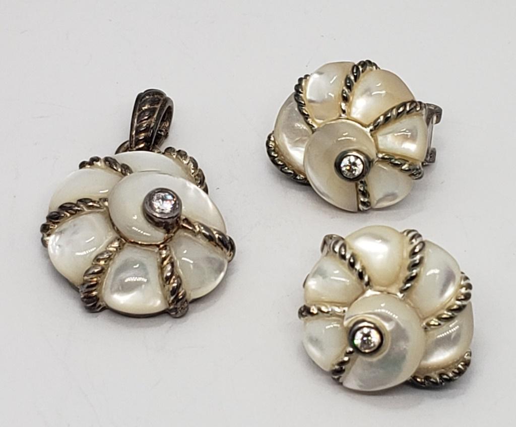 Judith RIPKA Sterling MOP CZ Nautilus: Sea Shell swirl Pendant Enhancer & Pierced Earring Matching Set (21.7 dwt)