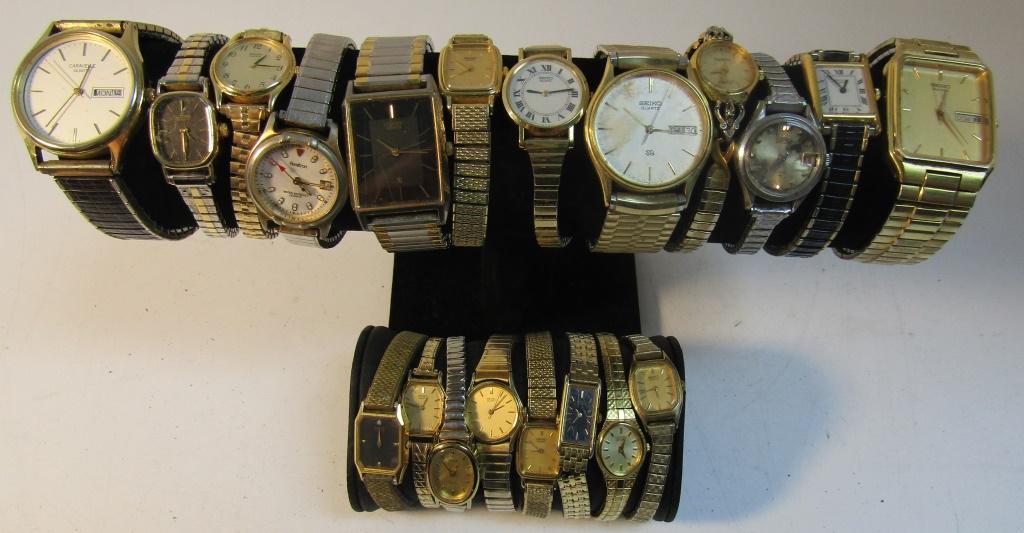 20 Ladies Quartz Watches: Not tested as to working or not-some for parts or repair-some may work-14 Seiko-3 Citizen-2 Armitron-1 Acqua- Stretch Bands