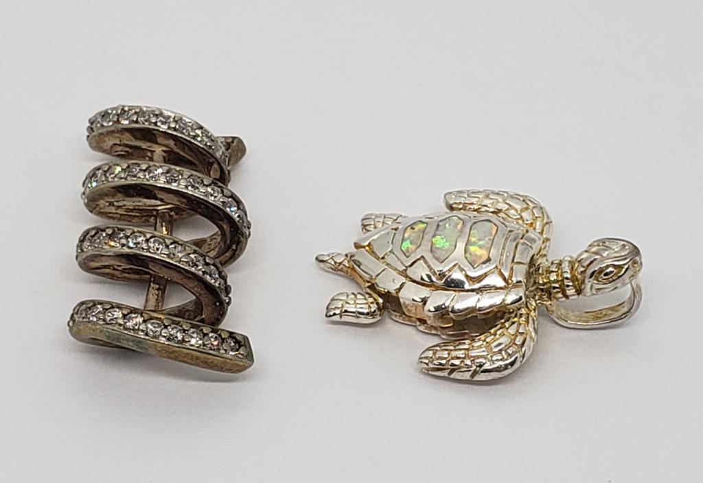 TURTLE PENDANT STERLING "AK" & OPAL: plus STERLING CZ PENDANT TWIRL DESIGN (6.6 DWT)