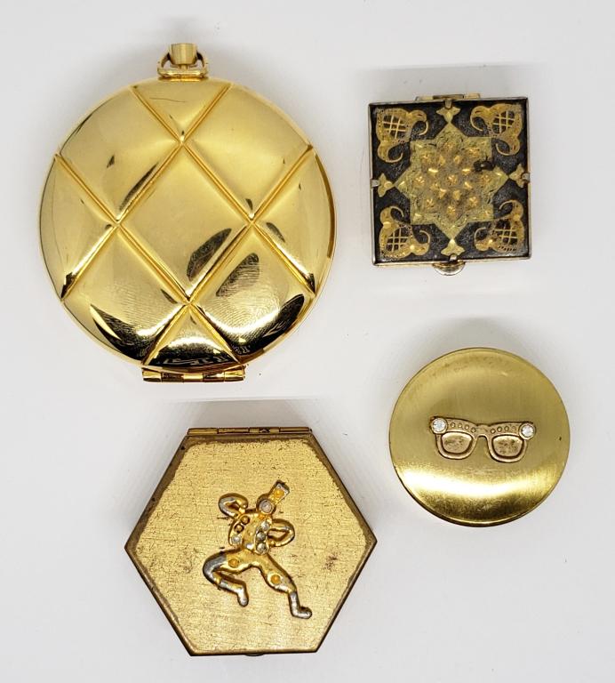 3-GOLD TONED PILL BOXES PLUS ESTE LAUDER: GOLD TONED COMPACT WITH MAKEUP RESIUE INSIDE WITH POWDER PUFF