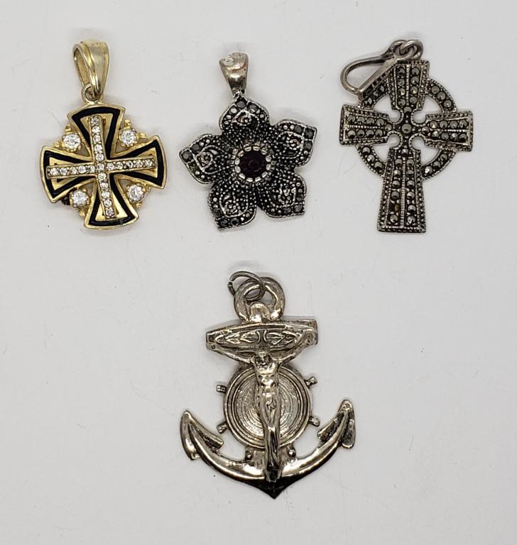 (4) PENDANTS 925 STERLING: CROSS & ANCHOR STAMPED MEXICO "EMF", MARCASITE CROSS STAMPED "NF" ( 12 DWT)