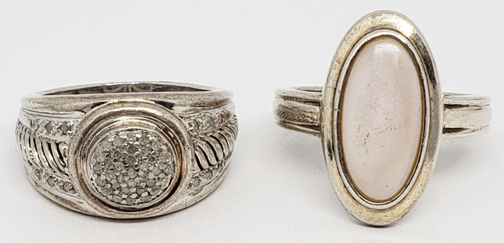 2-STERLING FASHION RINGS: SIZE 8 DOME RING with DIAMONDS & OVAL RING SIZE 9 ( 8.8 DWT)