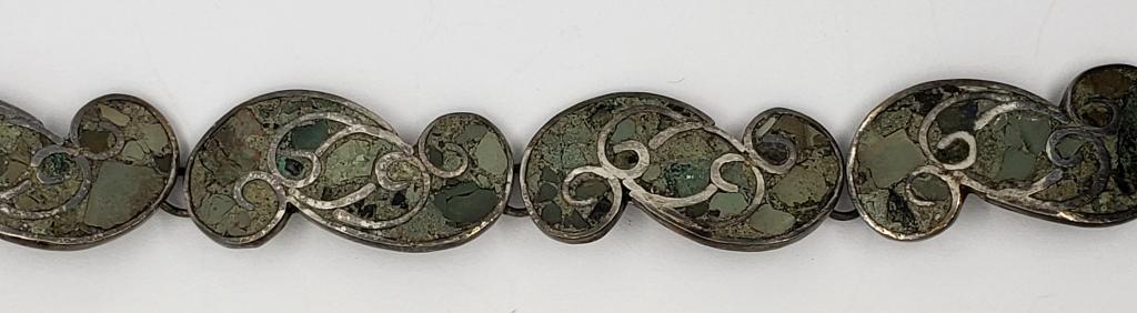 VTG MEXICO STERLING ABALONE BRACELET: UNIQUE PIECE WITH ABALONE / NATURAL STONE INLAY - 7" LONG (16 DWT)