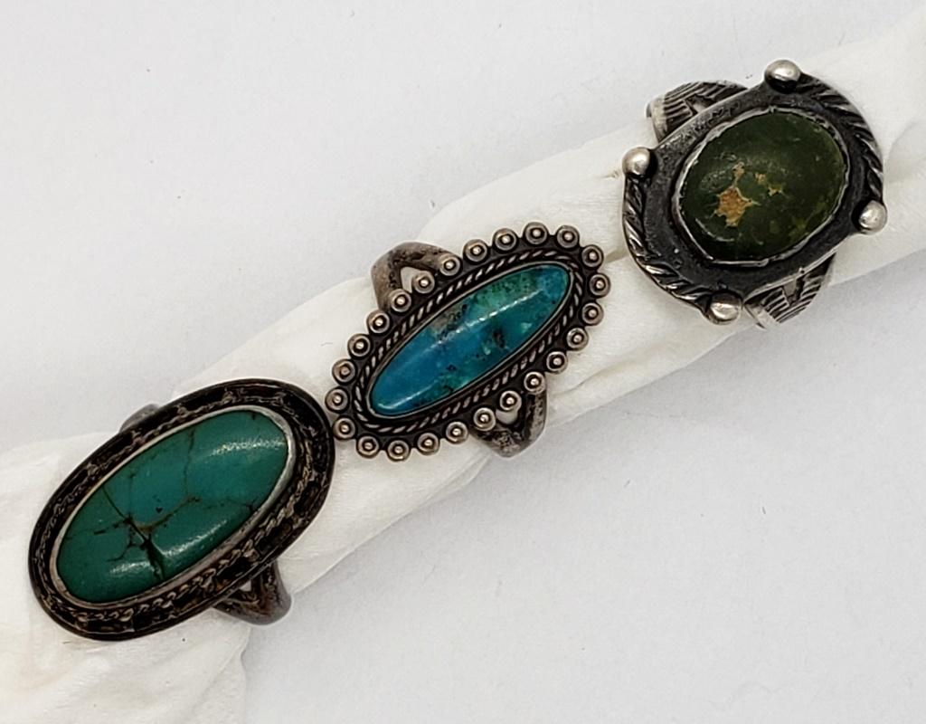(3) NAVAJO STERLING RINGS w/TURQ: SIZES 6.5-7 (11.8 DWT)