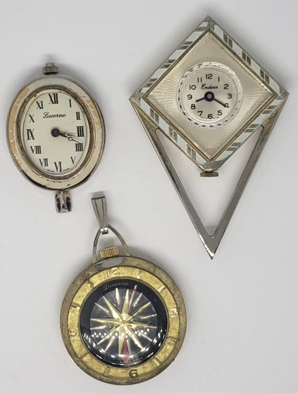 3-LADIES PENDANT WATCHES: LUCERNE FANCY DIAL (runs) - LUCERNE & ENDURA (not running)