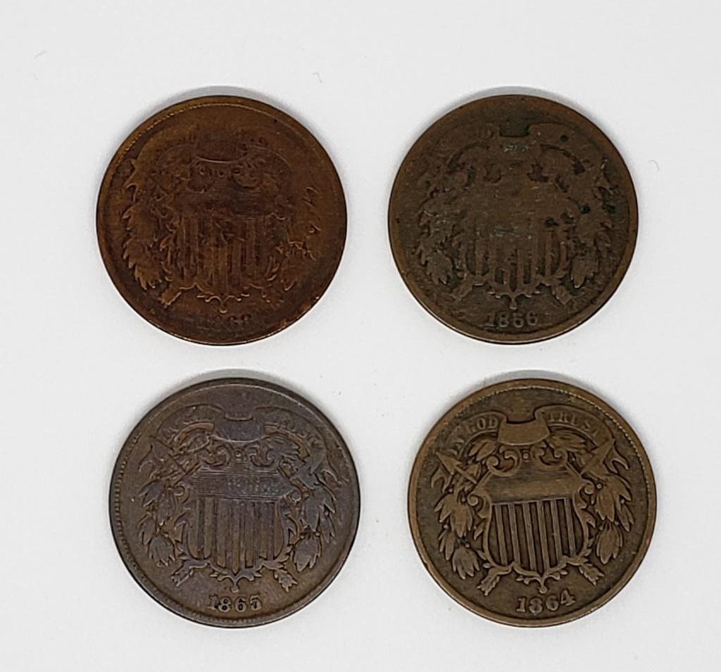 (4) TWO CENT PIECES: 1864, 1865, 1866 & (1 of 2)