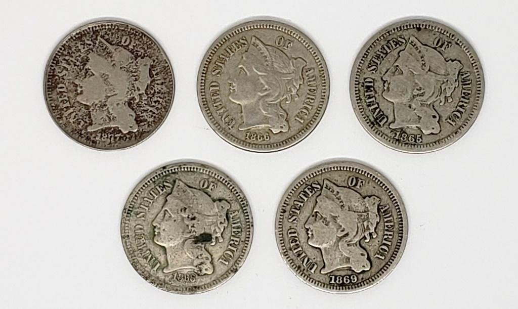 5 Diff THREE CENT NICKELS: 1865, '66, '68 (1 of 2)