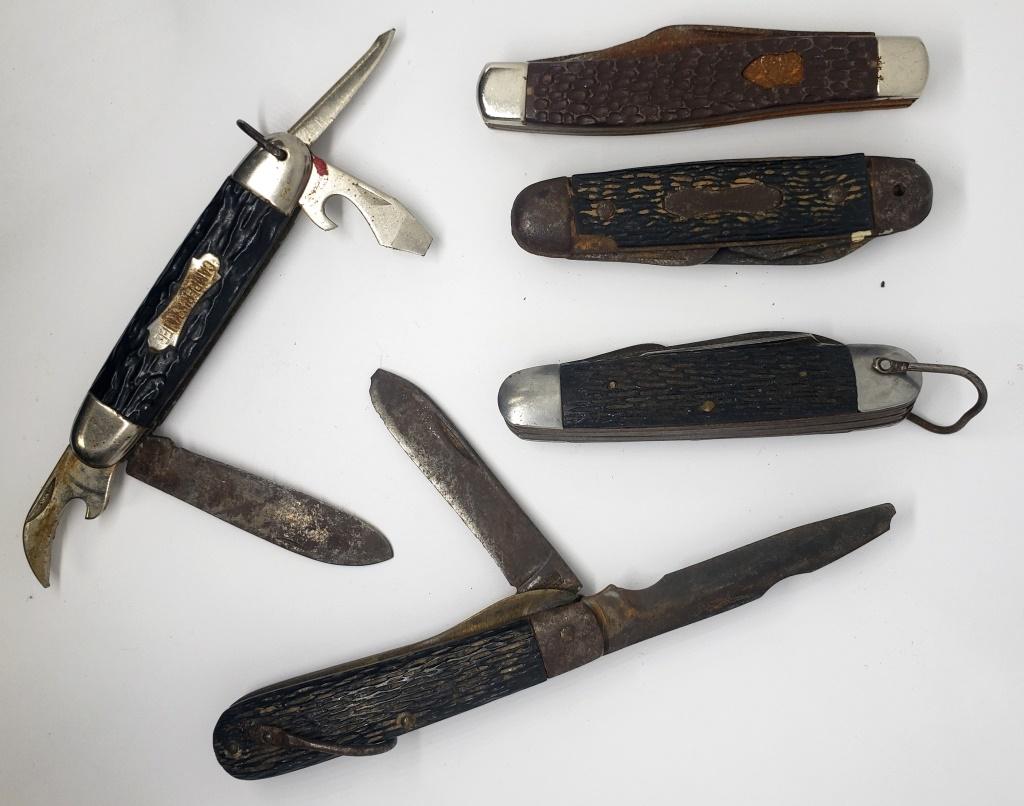 5-BONE HANDLE POCKET KNIFES-FOR REPAIR: SHOWS RUST-SOME UNABLE TO BE OPENED