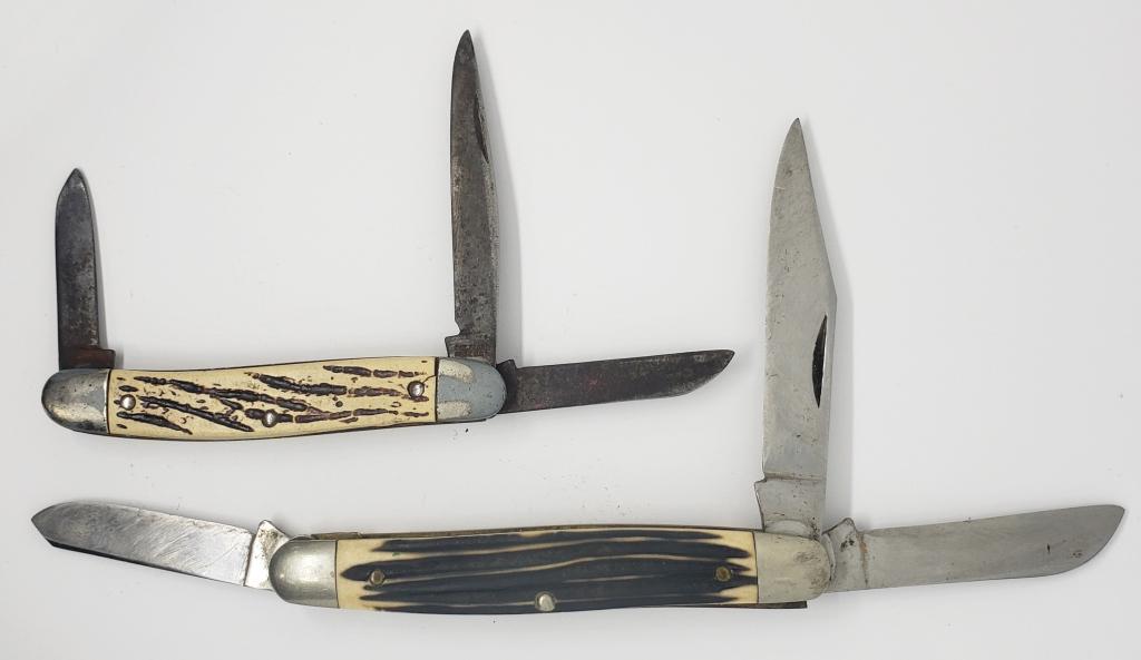 2-VINTAGE BONE/STAG THREE BLADE POCKET KNIVES (1 of 3)