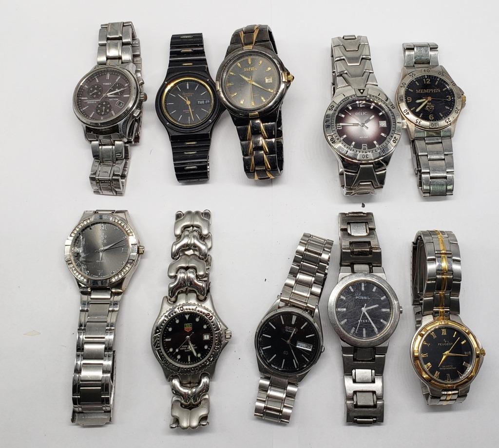 10-Mens Quartz Watches: Not Tested as to working or not some for parts or repair-some may work -Dark Round Faces,Elgin,Timex,Fossil,Armitron,Relic,Seiko